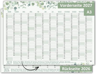 Wandkalender 2026 DIN A3 met Eucalyptus Motief en Overzicht 2027