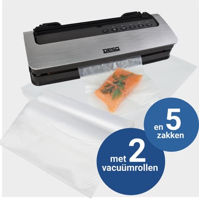 DESQ® Vacumeermachine - Automatisch Vacuümapparaat - 5 Programma's - 80 kPa Zuigkracht - Dubbele Verwarmingsdraden - Rolhouder & Rolsnijder - Vacuümslang - Inclusief 5 Vacuümzakken & 2 Vacuümrollen