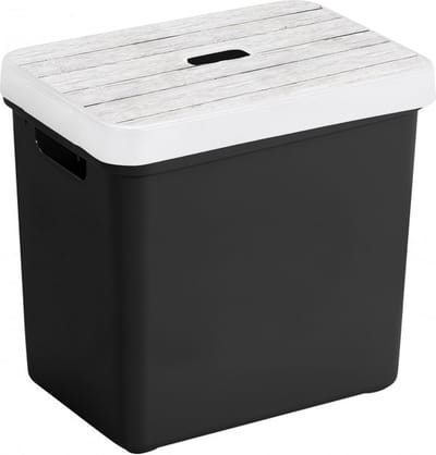 Sunware Opbergbox - mand - zwart - 25 Liter - kunststof - met houtkleur deksel - opslag kist - 35 x 25 x 36 cm