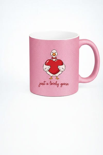Roze Glitter Mok Lieve Gans met Hart 'Just a Lovely Goose' - Valentijn Koffie- & Theemok Cadeau