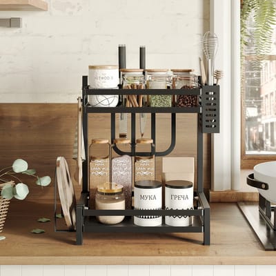 Unyqoos® Multifunctioneel Zwart Keukenrek met Twee Etages en Handige Accessoires