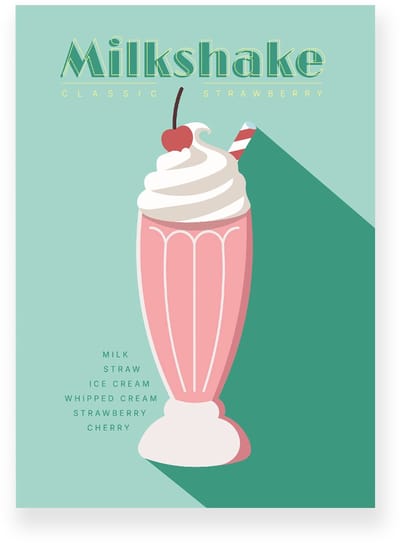 Poster 20x30 cm - Strawberry Milkshake - Roze - Groen - Retro - Art deco - Muurdecoratie - Wanddecoratie
