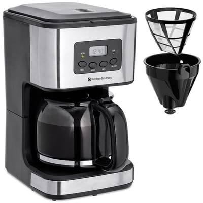 KitchenBrothers Koffiezetapparaat - Filterkoffie - BPA Vrij - 1,5 Liter Glazen Kan voor 12 Koppen Koffie - Timerfunctie - LCD-display - Zwart/RVS