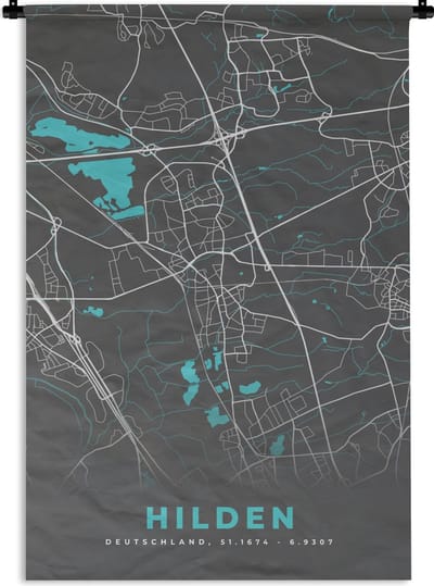 Wandkleed - Wanddoek - Blauw – Duitsland – Plattegrond – Stadskaart – Kaart – Hilden - 120x180 cm - Wandtapijt