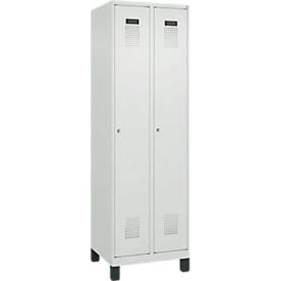 C+P Evolo Plus garderobekast, 2 vakken, 300 mm vakbreedte, met poten, rechts scharnierend, cilinderslot, B 600 x D 500 x H 1950 mm, lichtgrijs/lichtgrijs