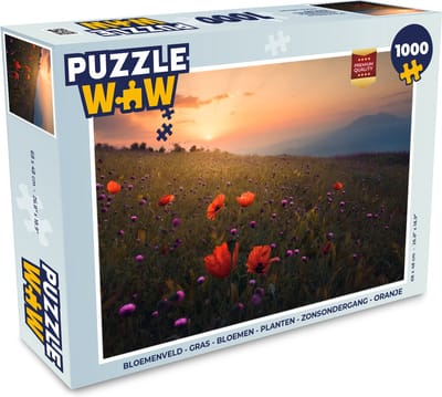 Puzzel Bloemenveld - Gras - Bloemen - Planten - Zonsondergang - Oranje - Legpuzzel - Puzzel 1000 stukjes volwassenen