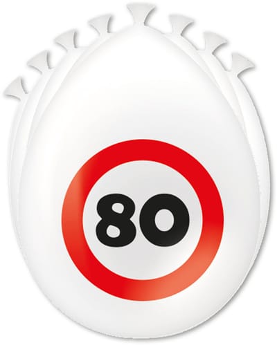 Q2P - Ballonnen - 80 Jaar - Verjaardag Versiering - Verkeersbord - 8 Stuks - Feest Versiering - Rood - Wit
