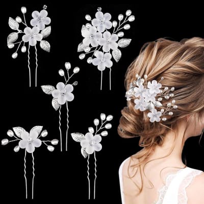 5 Pieces Flower Pearl Bride Hair Accessories U Shape Hair Clips Silver Bridal Jewelry Hair for Women Girls Bride - ShopVlot
