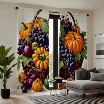 2 pièces HD Festival de la Récolte d'Automne Légume Panier de Fleurs Rideau Décoratif Jaune Cordon Rideau Imprimé Numérique Décoration de Maison W52H63inchW132H160cm brown