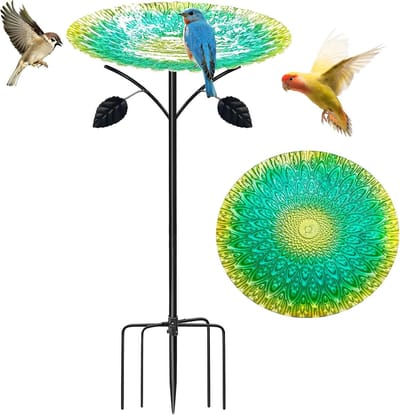 Famanu Vogelbad, staand, groot, 83 cm, van metaal, vogelbad voor in de tuin, vogelbad, winterbestendig voor buiten, antiek waterbad voor vogels, vogelbad in de tuin, met 5-puntige sokkel
