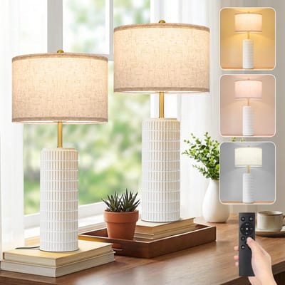 Rosnek Bureaulamp LED Set van 2 met Afstandsbediening - 3 Kleurtemperaturen LED Bureaulampje Dimbear met Linnen Kappen & Keramische Voet - Moderne Lamp voor Slaapkamer, Woonkamer, Leesruimte en, Incl. E27 Lampen