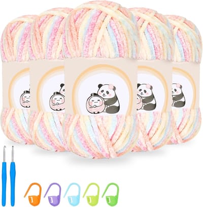 Chenillewol om te haken, fluweelachtige babywol, fluweel, chenillegaren om te breien, dikke pluizige zachte chenillegaren voor Amigurumi sjaal, dekens, handtas, doe-het-zelf, handgeweven (5 x 100 g