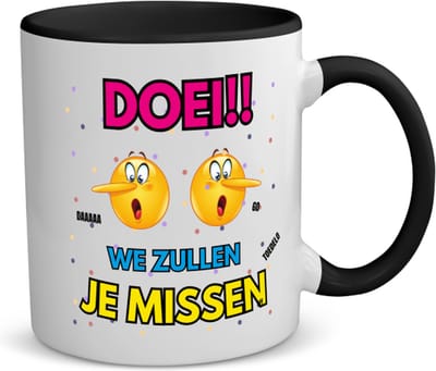 Akyol - doei emoji koffiemok - theemok - zwart - Afscheid bedank cadeau - een collega - werk - afscheidscadeau - verjaardagscadeau - 350 ML inhoud