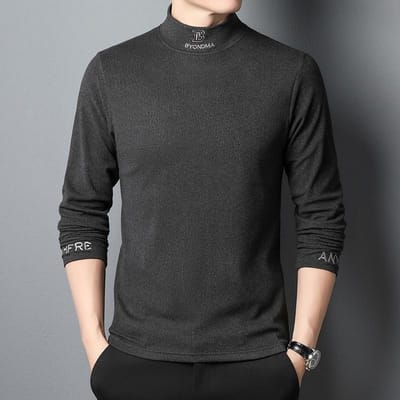 Lente en Herfst Heren T-shirt met Lange Mouwen van Duits Fluweel Middelbare Leeftijd Halfhoge Col Geborduurde Letters Casual Trendy T-shirt Onderhemd voor Heren XXXXL black
