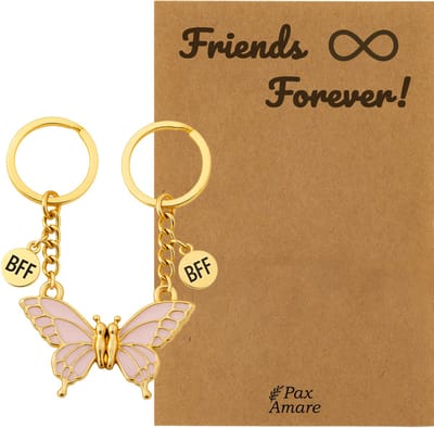 BFF Sleutelhanger voor 2 ' Friends Forever' - Magnetische Roze Vlinder - Sleutelhanger set op Cadeau Kaartje - Goudkleurig - Vriendschap Symbool - Pax Amare