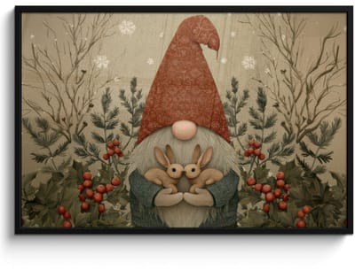 Poster in lijst - Fotolijst 120x80 cm - Posters - Kerstgnome - Konijntjes - Kleurrijk - Posterlijst zwart - Decoratie - Wanddecoratie woonkamer - Muurdecoratie slaapkamer - Kerstversiering - Kerstdecoratie voor binnen - Kerstmis