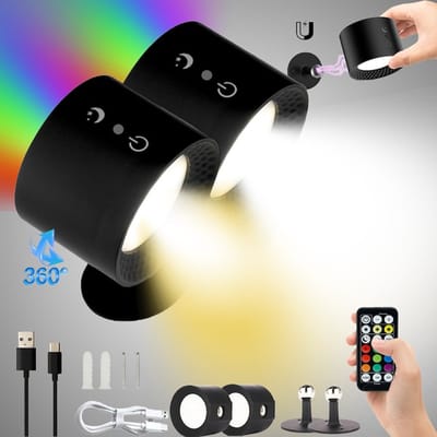 Wandlampen - TENZHVXI® - 2 Stuks - 9 RGB kleuren - Instelbaar RGB licht - Aanraakbediening en afstandsbediening - 360° draaibaar - 180 lumen - 1800 mAh - Eenvoudig te installeren - Oogvriendelijk - Geschikt voor slaapkamer, woonkamer en hal - Zwart