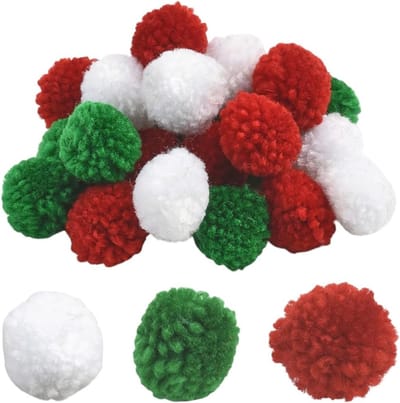 Kerst Pom Poms - Pluizige Ballen - Creatief Knutselen - Zacht Polyester Materiaal - 25mm Doorsnede - Rood Groen Wit