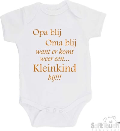 100% katoenen Romper "Opa blij Oma blij want er komt weer een kleinkind bij!!!" Unisex Katoen Wit/tan Maat 62/68