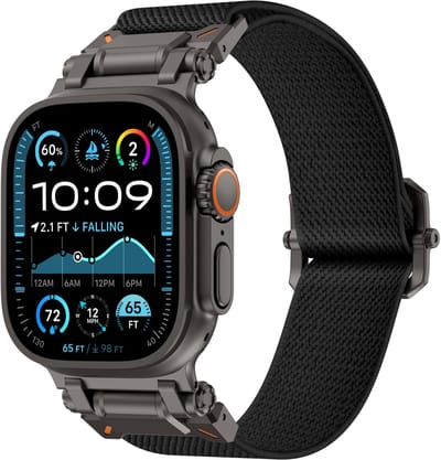 Strap-it 'Explorer' Polyester band met klemsluiting - geschikt voor Series Apple Watch 1/2/3/4/5/6/8/9/10/11/SE(2-3)/Ultra(2-3) - Grote maten 44mm / 45mm / 46mm / 49mm (zwart met zwarte connectors)