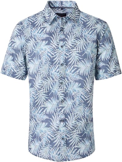 CASA MODA Sport casual fit overhemd - korte mouw - chambray - blauw met wit en groen dessin - Strijkvriendelijk - Boordmaat: 43 - 44