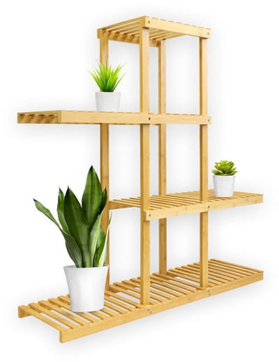 FLOORDIREKT Bamboe Bloementrap Samia - Houten Plank - Bloemenstandaard - Plantenplank - Bloempothouder - Voor Binnen en Buiten - 96,7 x 28 x 95,8cm