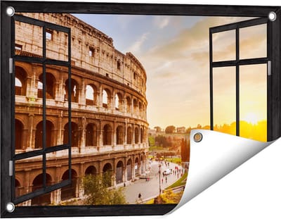Gards Tuinposter Doorkijk Colosseum bij Zonsondergang in Italïe - 60x40 cm - Tuindoek - Tuindecoratie - Wanddecoratie buiten - Tuinschilderij