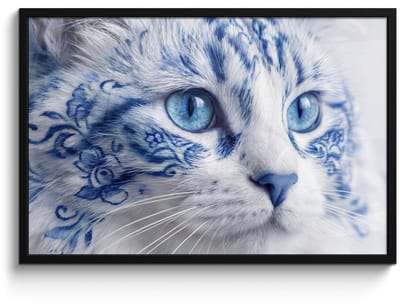 Poster in lijst - Fotolijst 90x60 cm - Posters - Kat - Patroon - Blauw - Posterlijst zwart - Decoratie - Wanddecoratie woonkamer - Muurdecoratie slaapkamer
