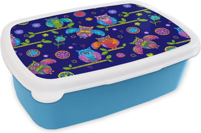 Broodtrommel Blauw - Lunchbox - Brooddoos - Patroon - Uil - Takken - 18x12x6 cm - Kinderen - Jongen