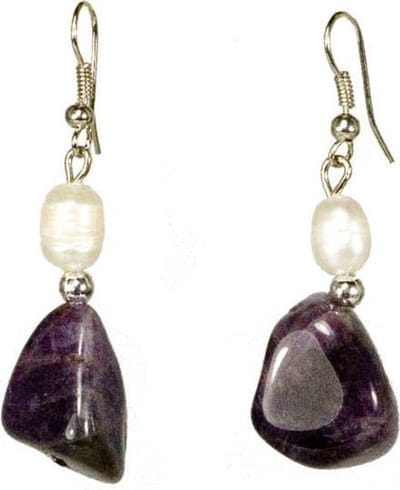 Zoetwater parel oorbellen met edelsteen Pearl Amethyst - oorhanger - echte parels - sterling zilver (925) - amethist - wit - paars - luxe sieraden zakje - parel oorbellen dames