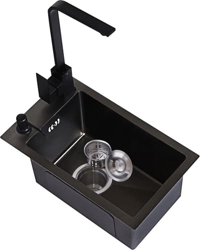 JGS® - Zwarte Roestvrijstalen Keukenspoelbak met Kraan Compacte Eenbassin Wasbak Kwaliteit SUS304 Roestvrij Staal Geschikt voor Keuken en Badkamer -
