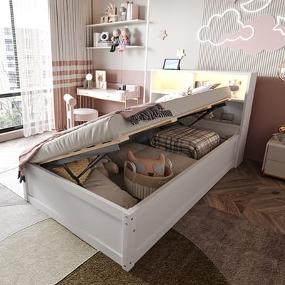Komhtom Slaapbank 90*200, met stekkerdoos en meerdere opbergvakken, met lichtstrip, hydraulisch bed, massief houten bed, eenpersoonsbed, multifunctioneel houten bed, wit.
