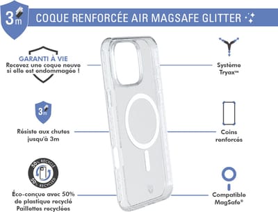 Force Case, Hoesje geschikt voor iPhone 16 Pro - MagSafe AIR Versterkt Tryax System 3M met Glitters, Transparant
