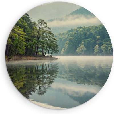 Saammp Muurcirkel Hout - Noorwegen - Bergen met mist - Landschap - Natuur - Ø 90 - Wandcirkel - Wanddecoratie Cirkel - Muurdecoratie Woonkamer - Slaapkamer decoratie - Rond Schilderij