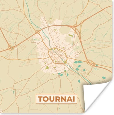 Poster Retro - Tournai - Plattegrond - Stadskaart - Kaart - 100x100 cm XXL