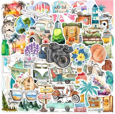 Pack van 50 Reisbureau Stickers, Mini Stickers voor Scrapbooking, Decoratieve Stickers voor Journals, Notitieboeken en Waterflessen