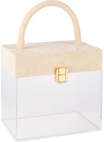 Dekoratief | Koffertje, beige/transparant, velvet/acryl, 17x10x16/26cm | A255307
