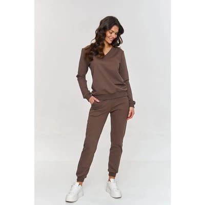 V-hals sweatshirt set en joggingsbroek voor dames Makadamia