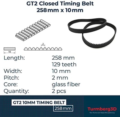 Gesloten GT2 Tandriem 10 mm - 258 mm Lengte - 2 Stuks - Ideaal voor Precisietoepassingen