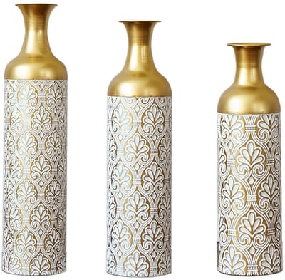 Gouden Vloervaas Set - Grote Vazen - Metalen Bloempotten-Plantenpotten – Bloemenpatroon –Robuust – Vintage - Stijlvol - Woonkamer - 50/66/83 cm- 3-Delig-Goud