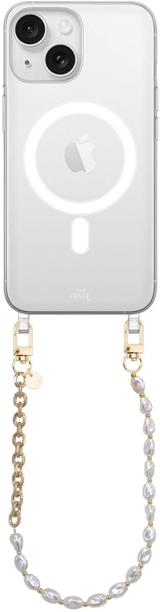 xoxo Wildhearts magnetisch hoesje geschikt voor iPhone 15 Plus MagSafe - Over The Moon - Transparant telefoonhoesje met koord - Telefoonkoord - Parelketting met gouden schakels - Kort koord