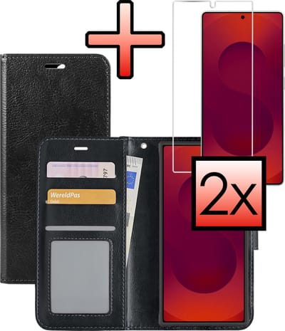 Hoesje - Met 2x Screenprotector - Geschikt voor Samsung Galaxy S25 Ultra - Luxe Pasjeshouder - Bookcase Portemonee - Flip Case - Kunstleer Book Case - Flipcase Hoes - Book Cover - Walletcase - Portemonneehoes - Zwart