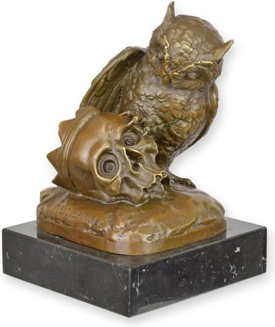 Uil en schedel - Bronzen beeld - sculptuur - 17,6 cm hoog
