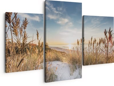 Artaza Canvas Schilderij Drieluik Strand en Zee vanuit Duinen met Zonsondergang - 150x120 - Groot - Foto Op Canvas - Canvas Print