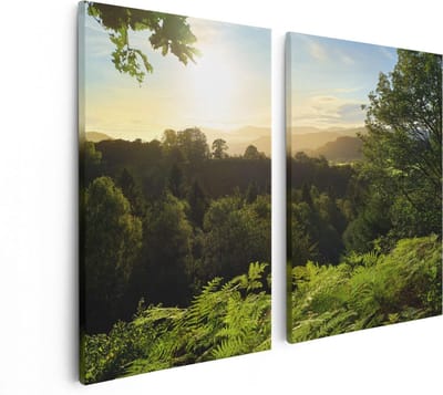 Artaza Canvas Schilderij Tweeluik Zonsondergang Vanuit Een Bos - 80x60 - Foto Op Canvas - Canvas Print