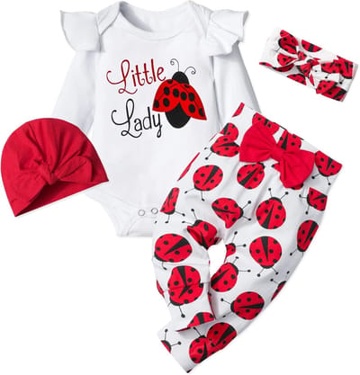 Schattige Baby Meisjes Kleding Set 4 Delen met Lange Mouwen, Broek, en Haaraccessoires