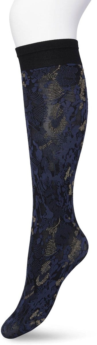 Bonnie Doon Dames Panty Kniekous met Bloemen maat 36/42 Donker Blauw - Luxe Kniekous met Lurex Glansdraden - Glitters - Botanische Knie Sokken - Pantykousen - Botanical Lurex Knee High - Gladde Naden - Zeer Comfortabel - Black Iris - BP211508.134