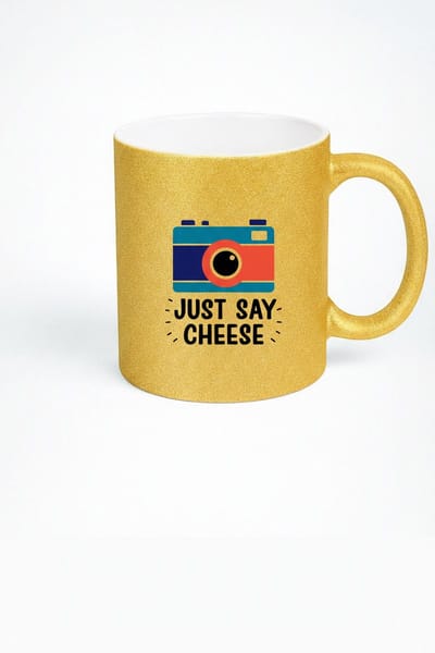 Gouden Glitter Mok met Camera "Just Say Cheese" - Origineel Cadeau voor Fotografen