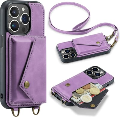 Casemania Hoesje Geschikt voor Apple iPhone 15 Pro - Bright Lila - Luxe Backcover met Koord en Magnetische Sluiting - Portemonnee Wallet Case met Pasjeshouder en Opbergvak - Lanyard Telefoonhoes - Cord Case