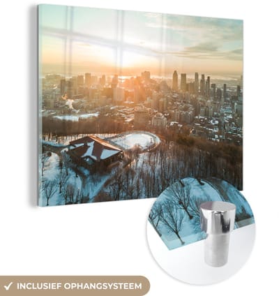 ® Glasschilderij 160x120 cm - Schilderij acrylglas - Luchtfoto van de Canadese winter in Montreal - Foto op glas - Muurdecoratie woonkamer - Wanddecoratie slaapkamer - Schilderijen